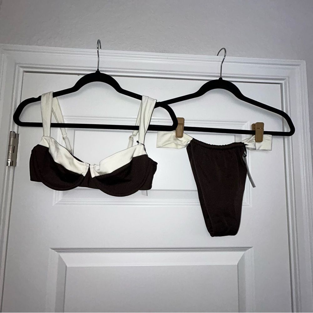 New, Hard Swimwear Two-Tone Two Piece Cheeky Thong Bikini Swimsuit Set